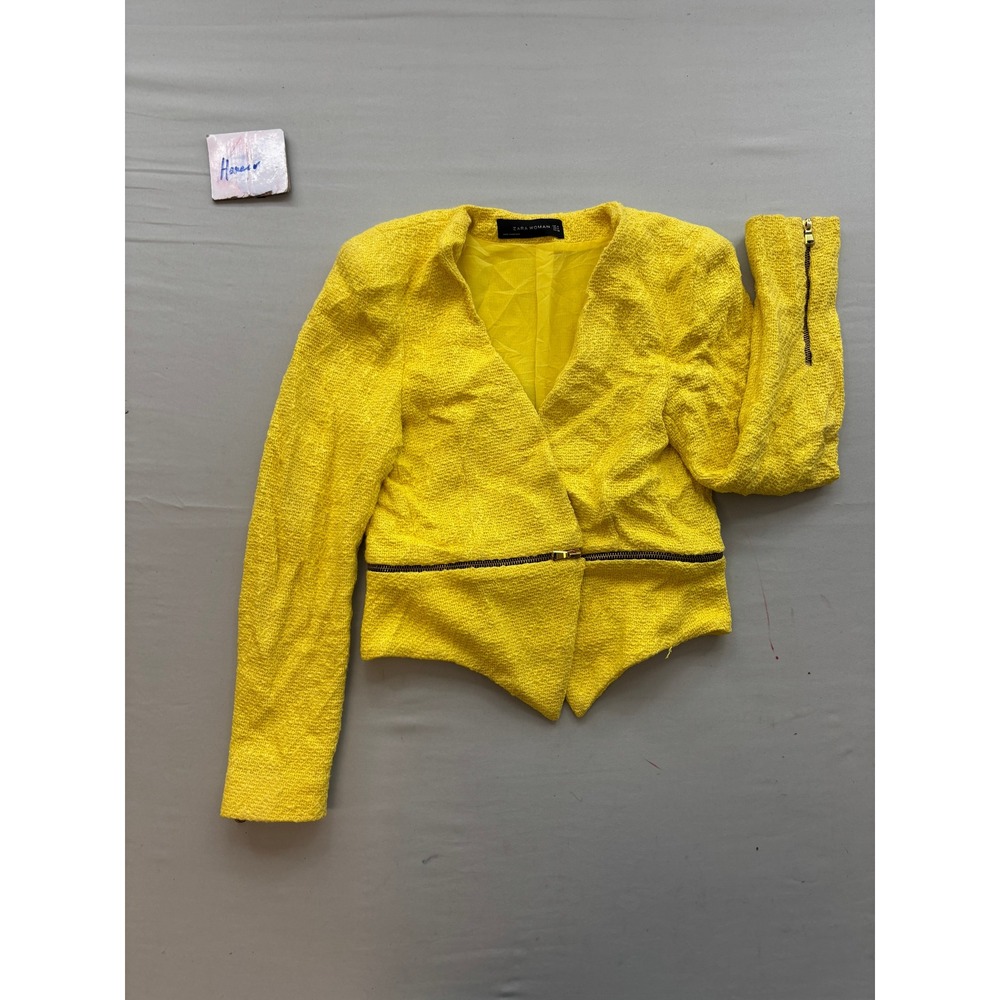 Zara Woman Yellow Tweed Zip Accent Asymmetrical Hem Jacket Size Medium
